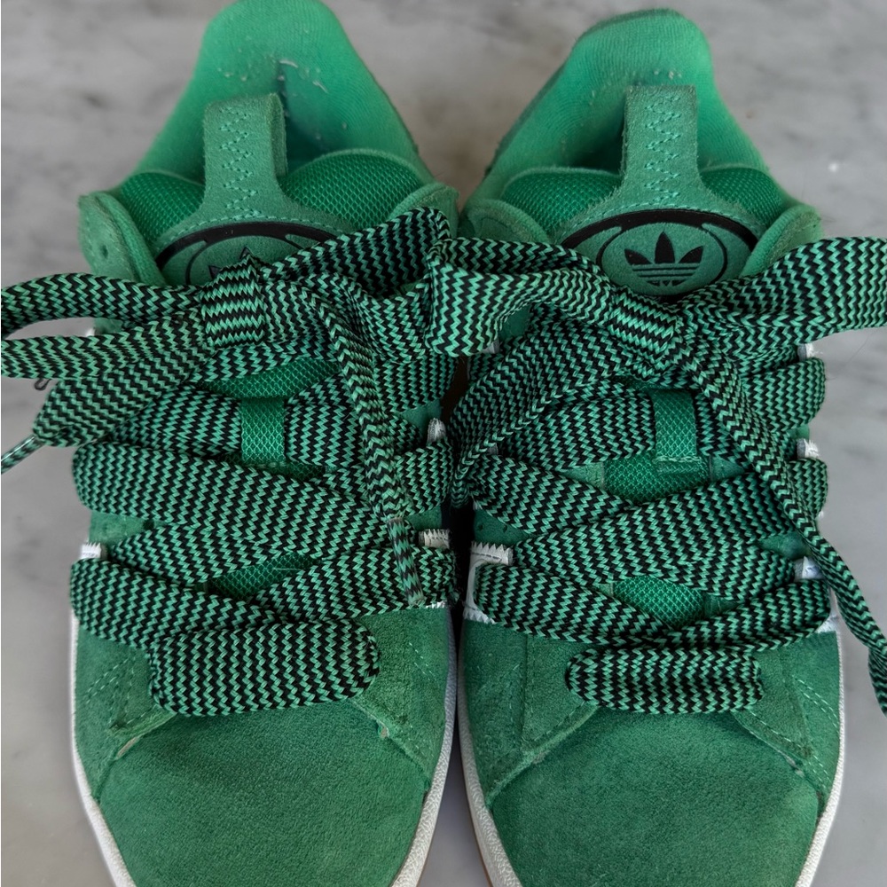 adidas Campus Green Suede Sneakers with White Stripes and Gum Sole - Picture 3 of 7